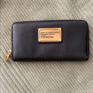 Marc by Marc Jacobs Black Leather Zip-Around Wallet with Gold Plaque